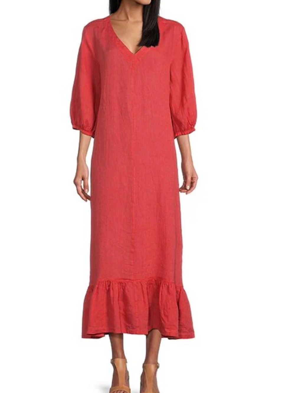 Bryn Walker Lana Cross-Dyed Linen V-neck with puff sleeve shift maxi dress